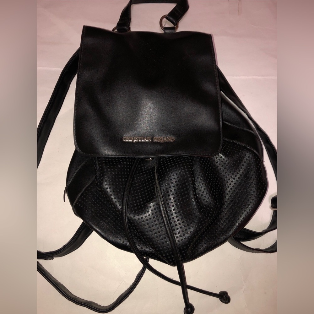 VTG Christian Siriano Drawstring Backpack Handbag Blk Silver Vegan Leather Purse